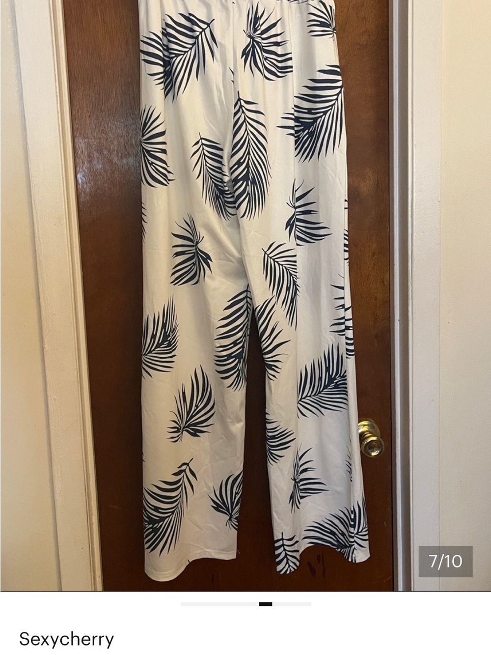 Sexycherry Two Piece Outfit Bandage Top Long Pants Navy & White Palm Print